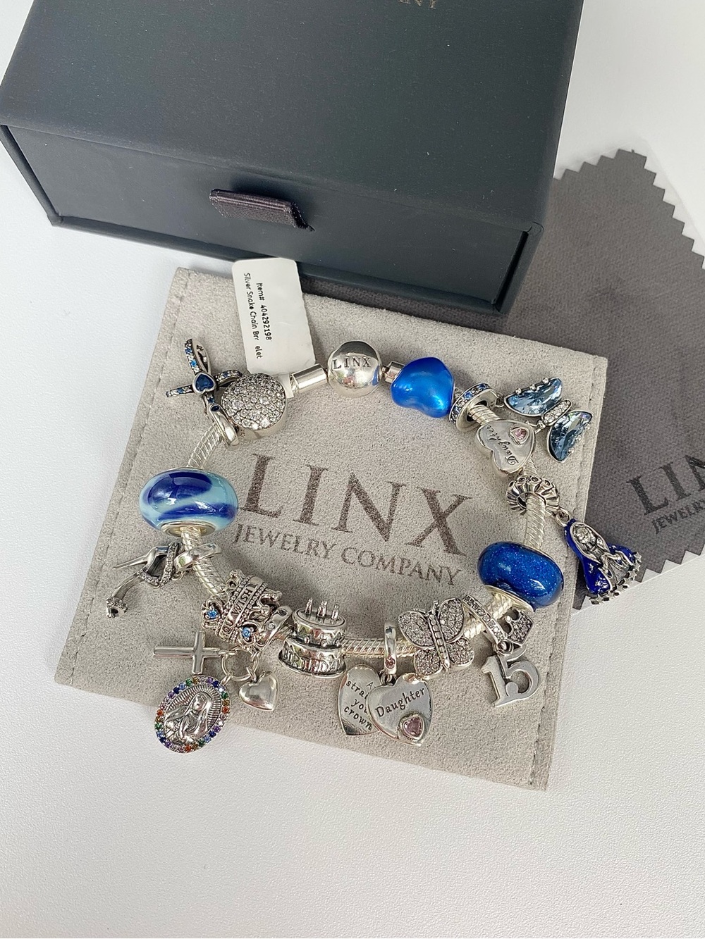 Linx Snake Chain Bracelet with Blue Religious Quinceanera Themed Charms